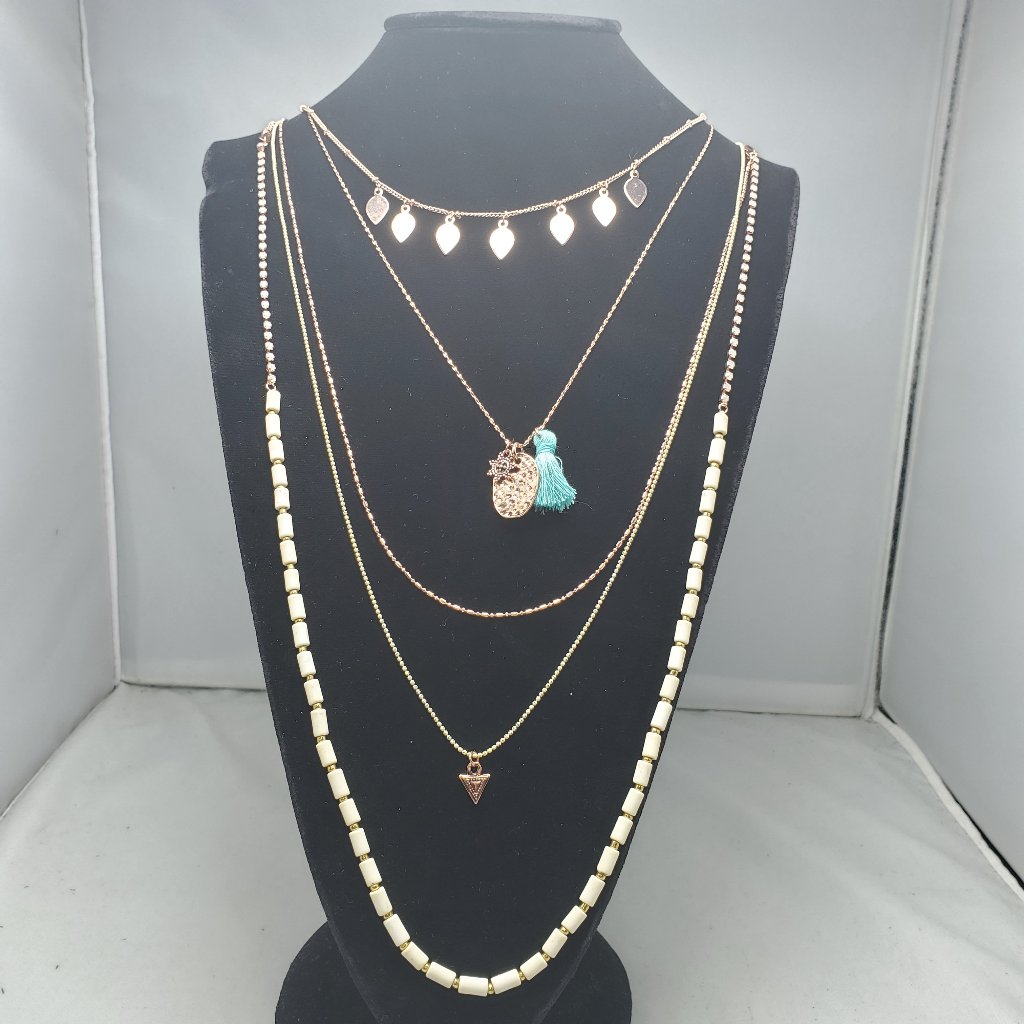 Bke 5 Layered Necklace Rose Gold Chain- Cream Color Beads